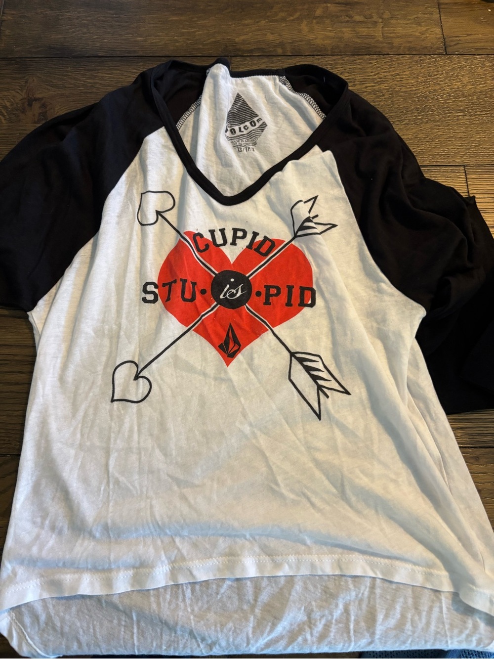 Volcom White & Black Raglan Tee with Red Heart Graphic